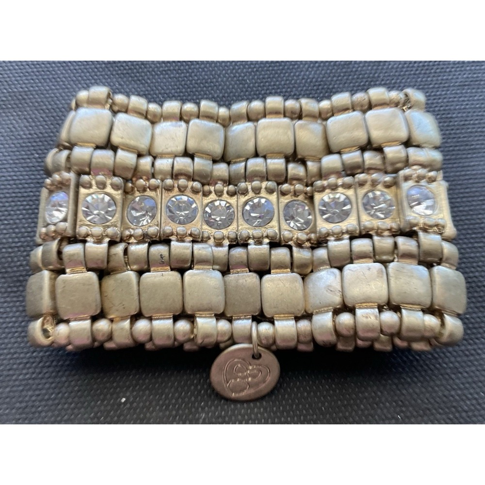 Chunky Gold Tone Nugget Stretch Statement Bracelet Clear Crystal Accents Wide